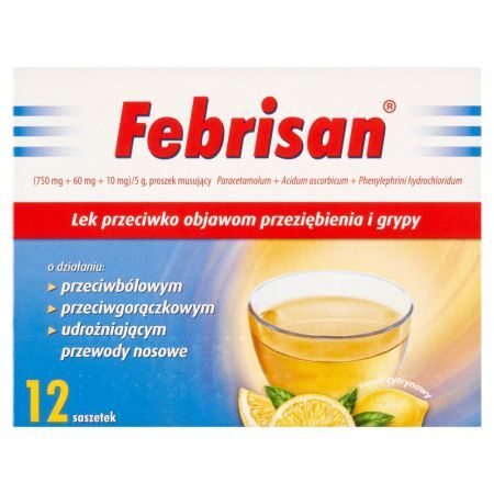 Febrisan 750 mg + 60 mg + 10 mg Lek przeciwko objawom przeziębienia i grypy smak cytrynowy 12 sztuk
