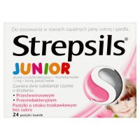 Strepsils Junior Pastylki o smaku truskawkowym bez cukru 24 sztuki
